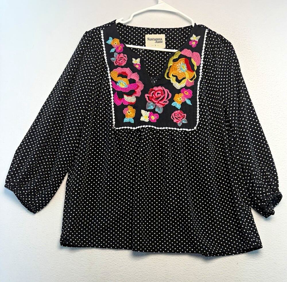 Savanna Jane Women’s L Black/White Polka Dot Embroidered Floral V-Neck Blouse